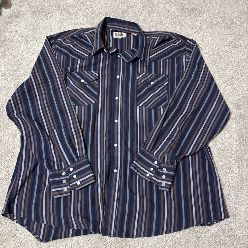 Ely Cattleman Pearl Snap Long Sleeve Men 2XL Blue/Gold Shirt